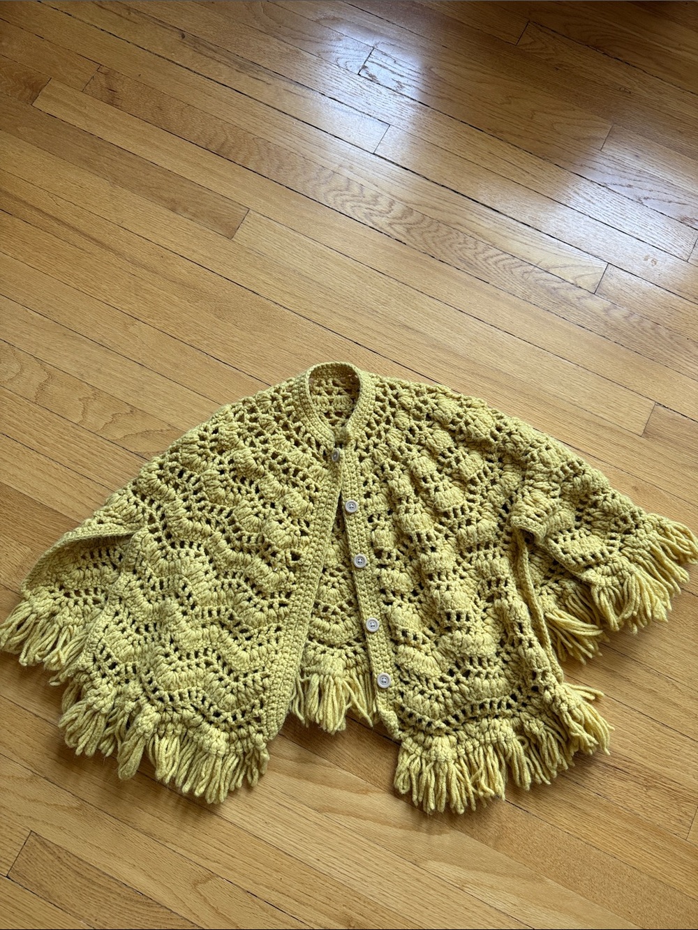 Girls Handmade Crochet Fringe Cardigan in Mustard Yellow